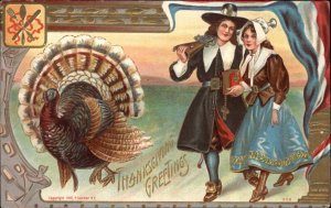 Thanksgiving Pilgrim Couple Turkey American Flag Border c1910 Postcard