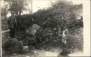 Men Work Moving Giant Boulder Rock by Chains Real Photo Postcard c1910