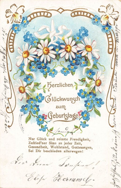 B152 Art Nouveau Birthday 1906 Daisy Forget-me-not Flowers embossed postcard
