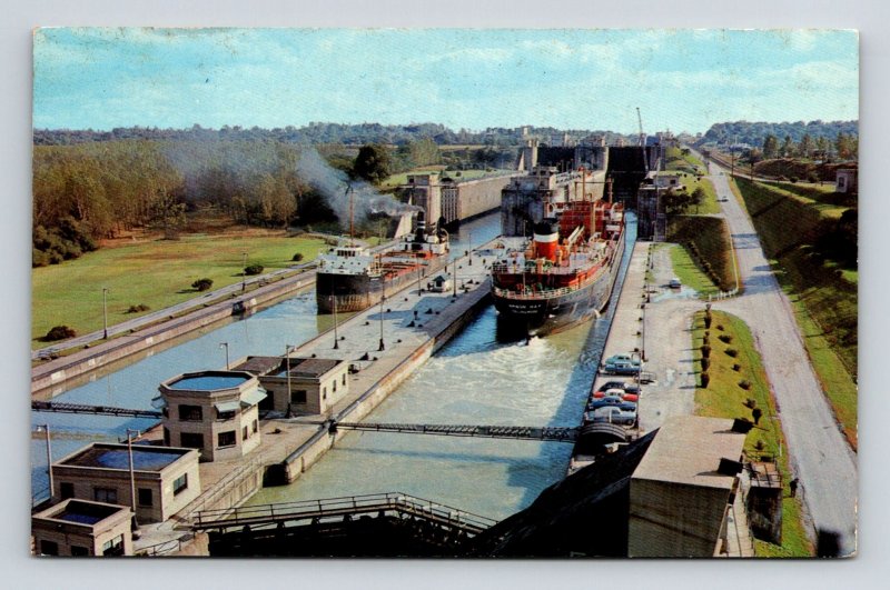 Steamers Twin Flight Locks Welland Ship Canal St Lawrence Seaway Canada Postcard