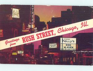 1967 postcard THE PRODUCERS MOVIE SIGN & CABARET SIGN & SHOPS Chicago IL F0986