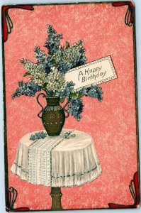 postcard A Happy Birthday - Forget-me-nots in vase on table Davidson Bro 7103