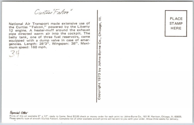 Airplane Curtiss Falcon U.S. Mail Express National Air Transport Postcard