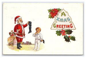A Xmas Greeting Embossed c1916 Postcard Santa Claus Stocking Boy Sack Of Toys