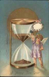 New Year Fantasy Fairy Giant Hourglass c1905 Vintage Postcard