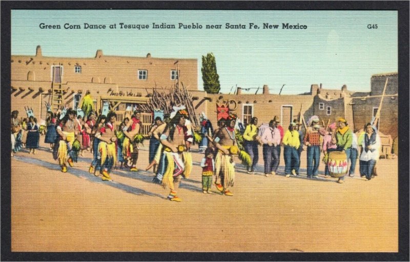 Tesuque Pueblo New Mexico Indian Green Corn Dance NM Linen Postcard 1940s