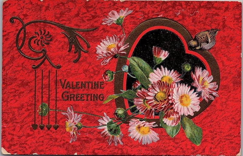 1908 VALENTINE GREETING HEART FLOWERS BIRD BELVIDERE NEW JERSEY POSTCARD 26-241 