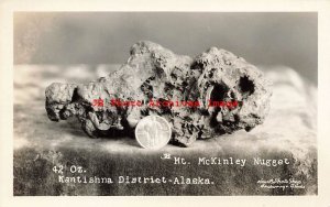 AK, Kantishna, Alaska, RPPC, Mt McKinley Gold Nugget, Standing Liberty Quarter