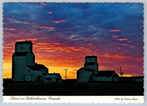 Sunset In Saskatchewan, Grain Elevators, Chrome Aerial View Postcard, NOS