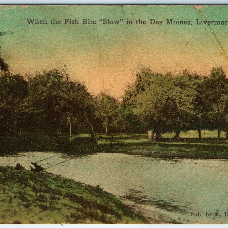 c1910s Livermore, IA Fishing Poles in Des Moines River Litho Photo Postcard A25