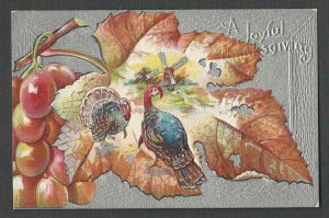 POST CARD THANKSGIVING GREETING W/TURKEY & RAISED LEAF EMBOSSED POSTED