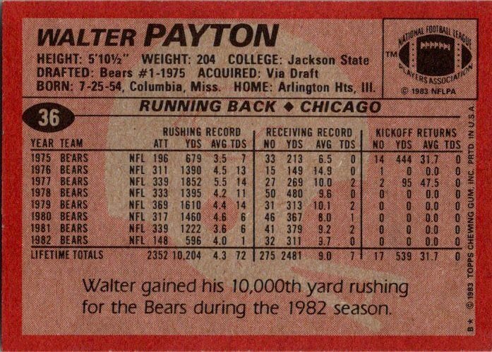 1983 Topps Football Card Walter Payton Chicago Bears