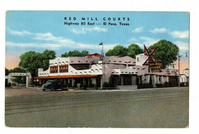 El Paso Texas Postcard Red Mill Courts Motel Street View Neon Sign #75261