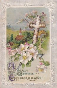 Embossed Easter Landscape Scene and Beautiful Flowers Winsch