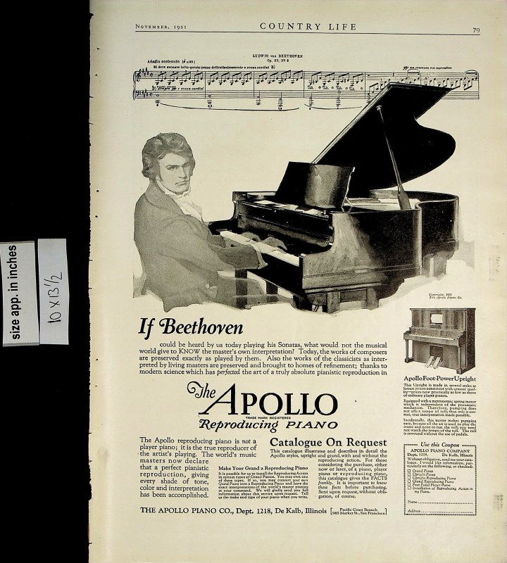 1921 Apollo Reproducing Piano Beethoven Vintage Print Ad 5607