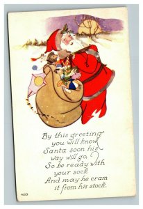 Vintage 1920's Christmas Postcard Santa Claus Sack of Toys Nice Poem