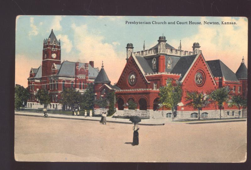 NEWTON KANSAS PRESBYTERIAN CHURCH COUNTY COURT HOUSE VINTAGE POSTCARD