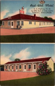 Linen Postcard Rest-Well Motel US Highway 12 and 16 in Torah, Wisconsin