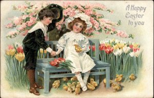 Tuck Easter Little Boy Takes Girl's Hand Antique Bench c1910 Postcard