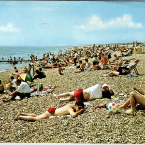 c1960s Pagham West Sussex Beach Postcard Crowded People Sunbathers Robin Series