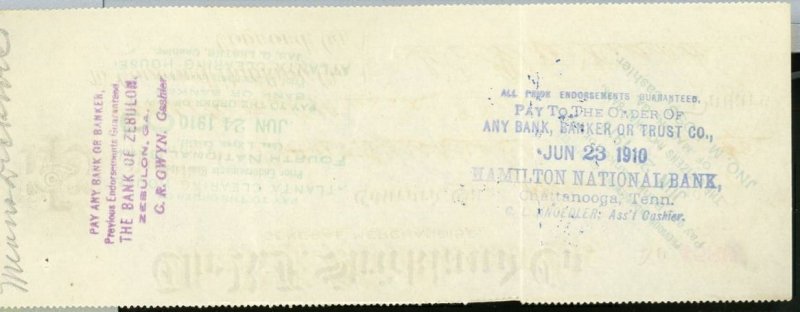 1910 R.F. Strickland Co. General Merchandise Concord Ga Check $1.50  A100