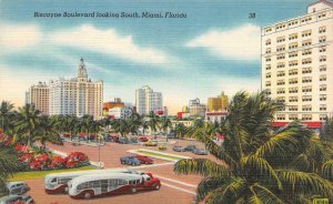 MIAMI, FL Florida  BISCAYNE BOULEVARD~South  Semi~Truck Buses  c1940's Postcard