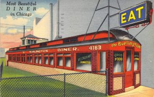 c.'50, Linen Era Roadside Train Car, Burlington Diner, Chicago IL,Old Post Card