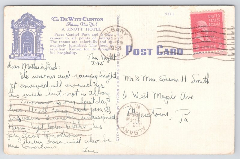 Albany New York~Hotel Dewitt Clinton~Opposite State Capitol~Linen Postcard