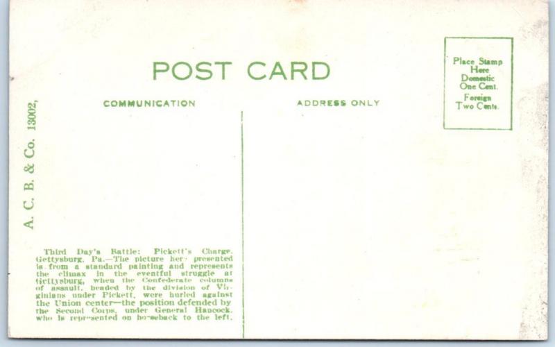 GETTYSBURG, PA   CIVIL WAR-  3rd Day's BATTLE PICKETT'S CHARGE c1910s   Postcard