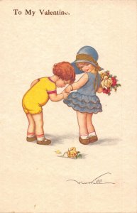 Valentine Greetings Boy Asks Girl Roses Flowers Art by Covalli postcard C355