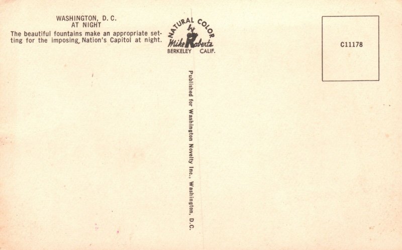 Vintage Postcard Beautiful Fountains At Night Imposing Capitol Washington D.C.