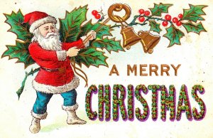Vintage Santa Claus with Blue Pants Ringing Bells Antique Christmas Postcard
