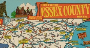 Birds eye view map of Essex County Massachusetts historic sites postcard D285 