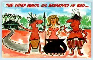 Comic Cannibal CHIEF WANTS HIS BREAKFAST IN BED Risque 1965 Postcard