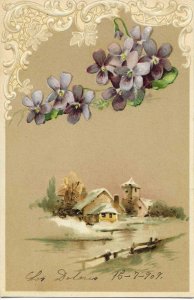 Snowy landscape. Flowers Old vintage embossed postcard