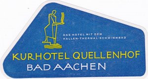 Germany Bad Aachen Kurhotel Quellenhof Blue Vintage Luggage Label sk3298