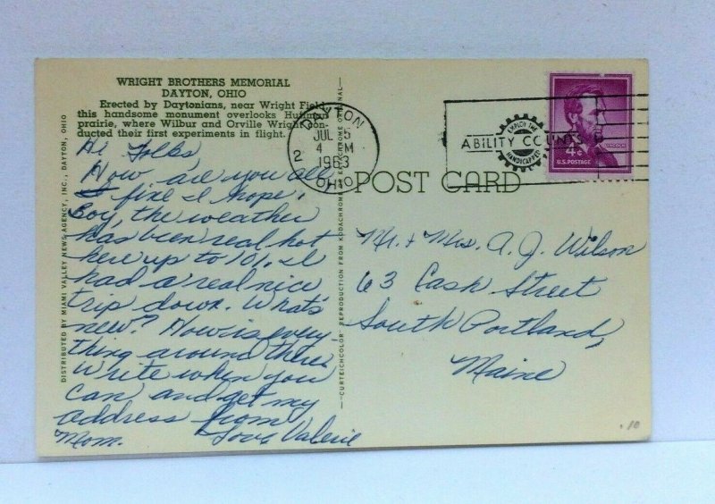 Dayton Ohio Wright Brothers Memorial Postcard 