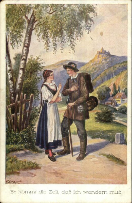 Kaskeline Austrian or German Romance Walking Stick Pretty Woman Postcard