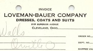 1937 LOVEMAN-BAUER CO. CLEVELAND OH DRESSES COATS SUITS BILLHEAD INVOICE Z1181