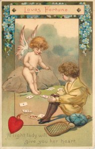 Valentines Day Postcard Loves Fortune Telling Cherub Reads Cards For Tennis Boy