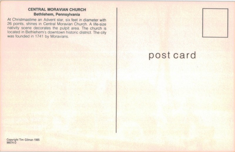 An Advent Star Shines in Central Moravian Church, Bethlehem, PA Postcard