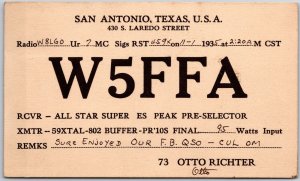 1935 QSL Radio Card W5FFA San Antonio TX Amateur Radio Station Posted Postcard