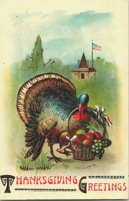 Early super-high-gloss + gold embossed Turkey American flag Thanksgiving card