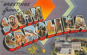GREETINGS FROM SOUTH CAROLINA LARGE LETTER POSTCARD (c. 1940s)