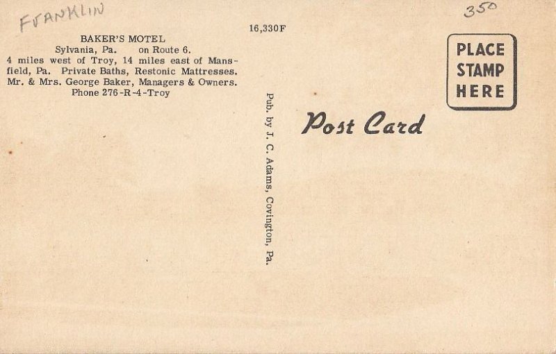 Postcard Baker's Motel Sylvania PA