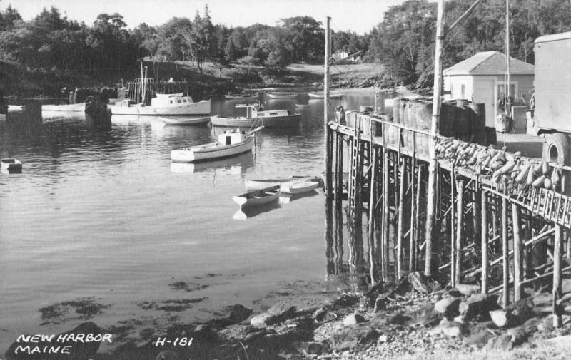 New Harbor Maine Boats and Pier Real Photo Vintage Postcard AA722