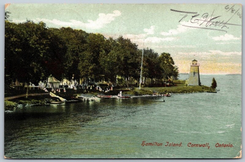 Postcard Cornwall Ontario c1907 Hamilton Island Lighthouse Boats Stromont Co.