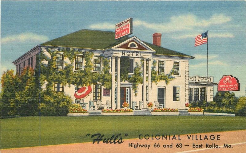 Postcard Missouri East Rolla Hull's Colonial Village Teich linen 23-2060