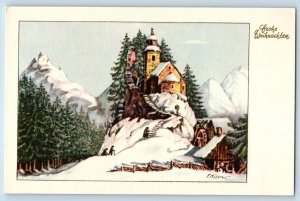 F. Milan Artist Signed Postcard Christmas Church Scene Winter Austria c1910's
