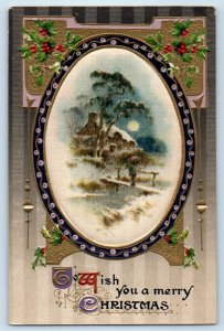 c1910's Christmas Hut Winter Scene Holly Berries Winsch Back Embossed Postcard